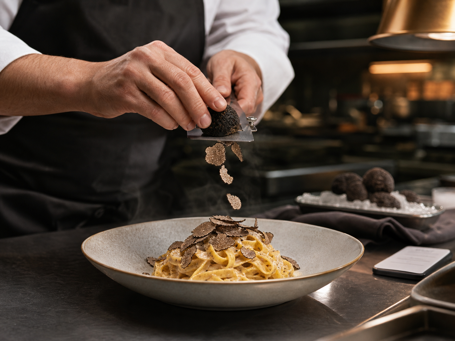 Chef shaving fresh truffle over pasta for a Tuber House Chef Accounts order